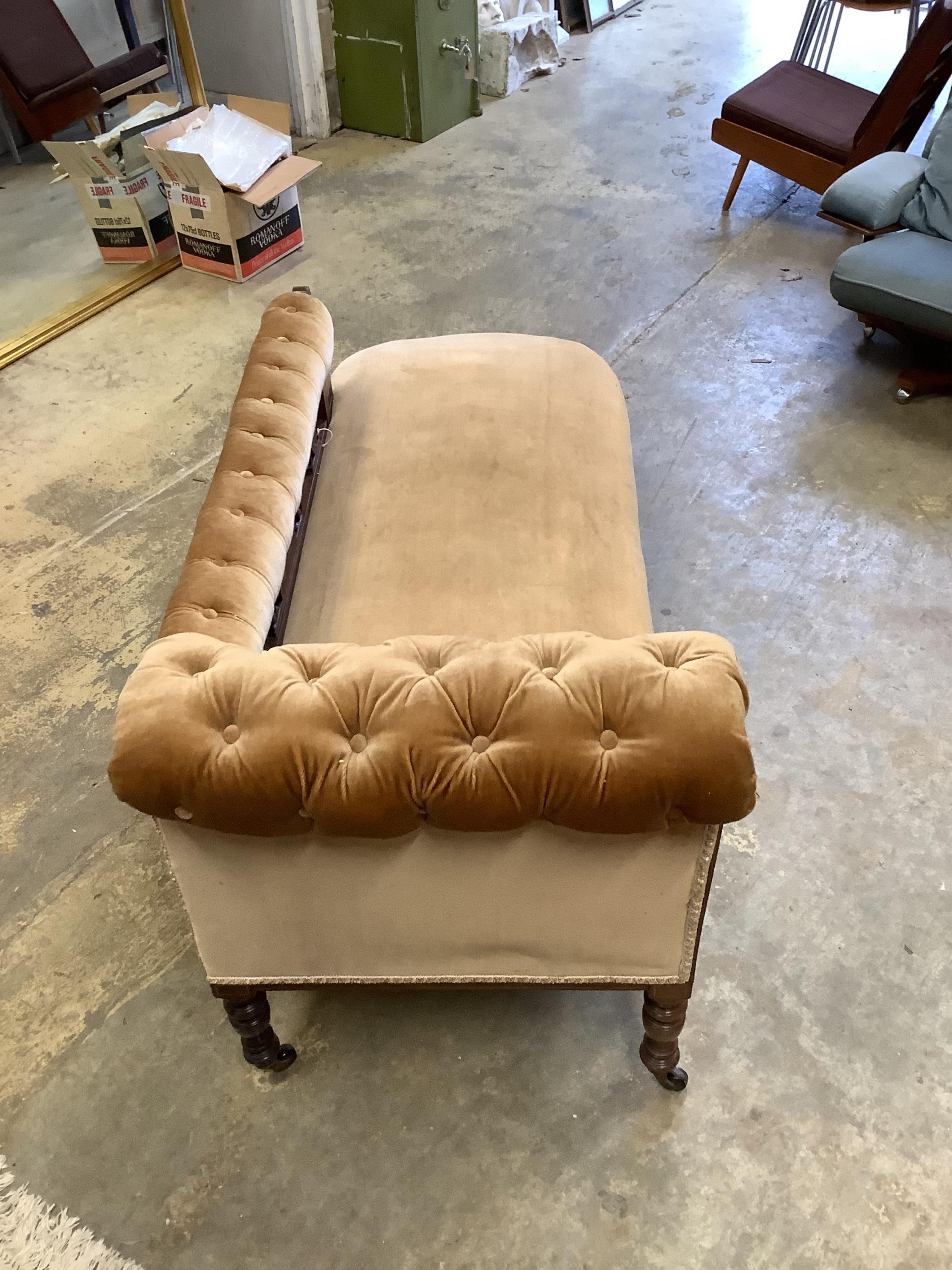 A late Victorian inlaid rosewood chaise longue, width 170cm, depth 64cm, height 82cm. Condition - fair